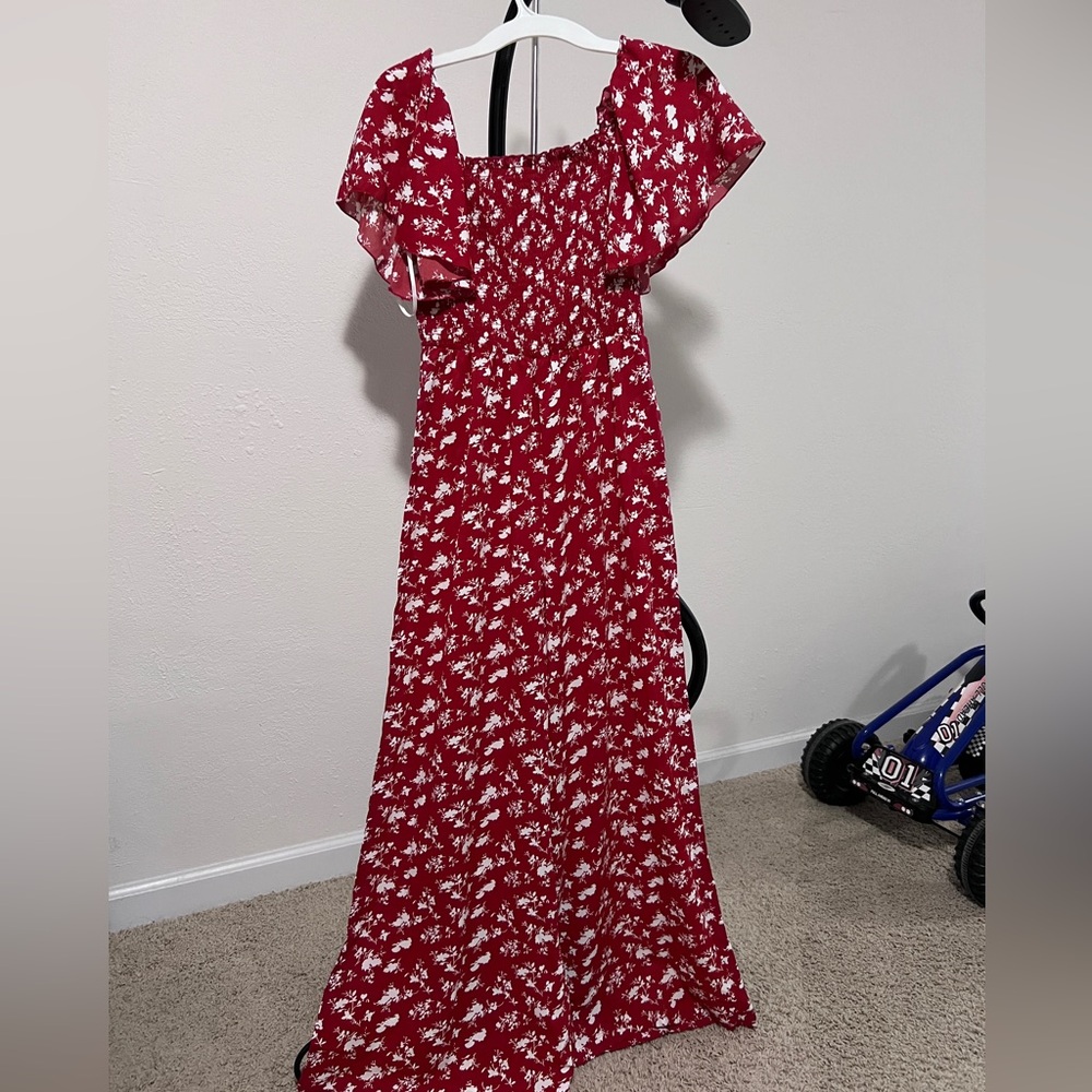 Women summer vacations 1pc Ditsy Floral Print Frill
Trim Shirred Jumpsuit